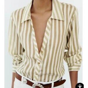 NEW Zara Flowy Striped‎ Long Sleeve Gold Buttons Shirt Ecru/Green womens Size XS